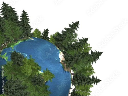 Bilde på lerret Conceptual 3D Illustration of the Earth globe covered with green trees growing o