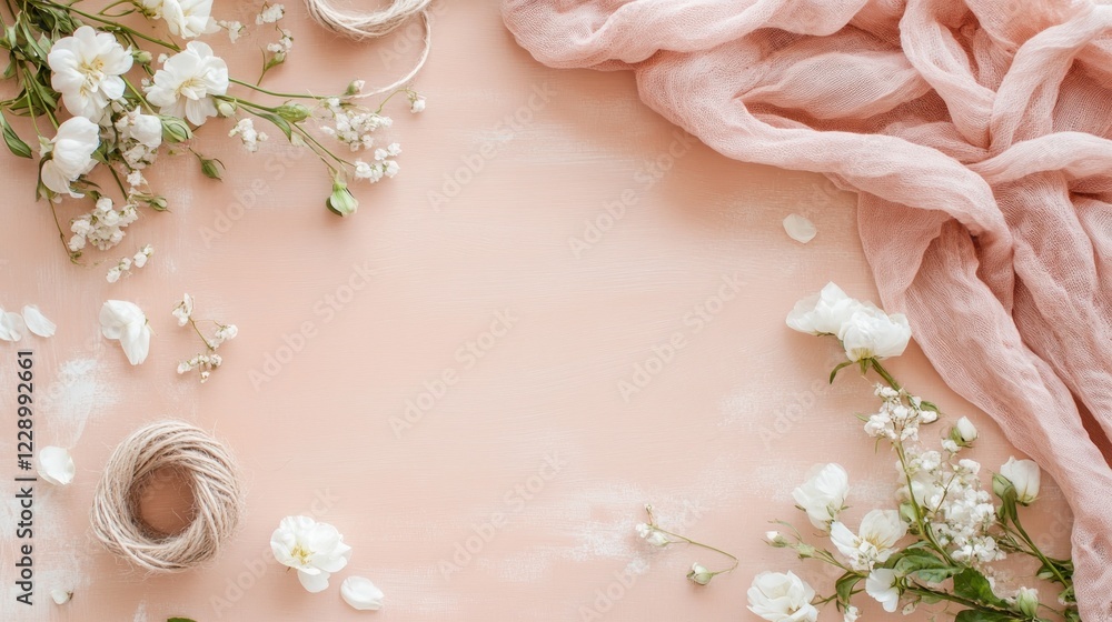 Fototapeta premium Flat lay of delicate white flowers, pink fabric, and twine on a peach background.
