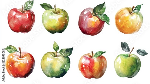 Colorful Watercolor Apples in Different Varieties and Shapes