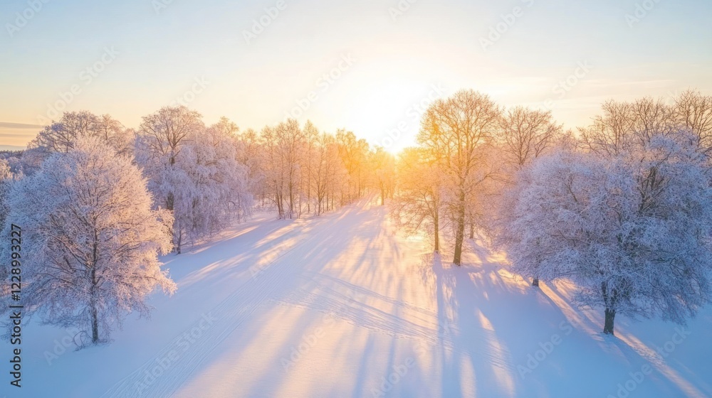Obraz premium Sunlit winter landscape with snow-covered trees and long shadows at sunrise.