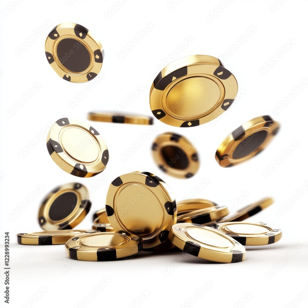 Gold casino chips falling, white background, gambling (1) Gold casino chips falling, white background, gambling (1)