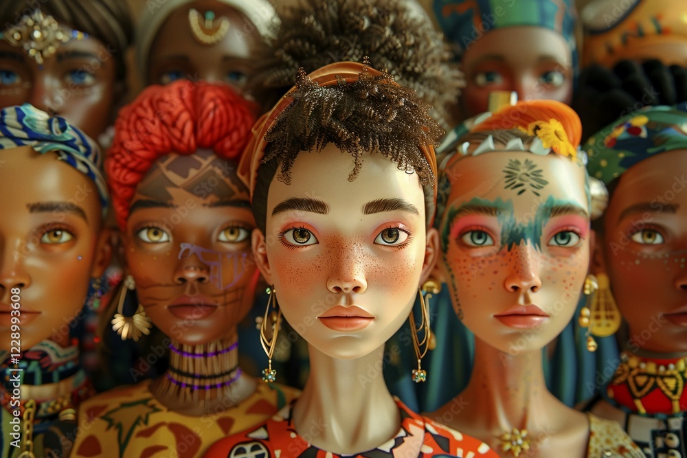 Close-up of diverse dolls representing different cultures, adorned with detailed fashion accessories, illustration, AI generated Close-up of diverse dolls representing different cultures, adorned with detailed fashion accessories, illustration, AI generated