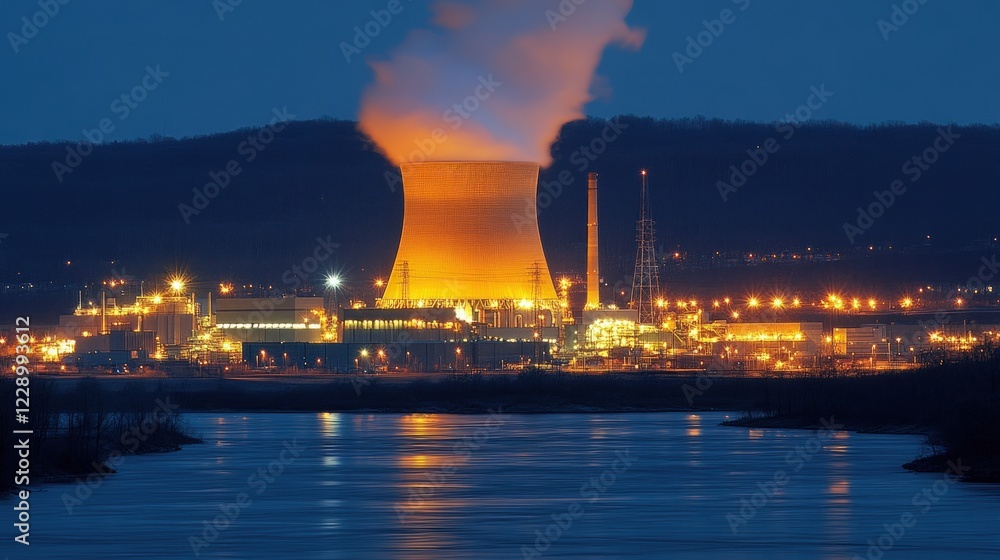 Fototapeta premium Night View of a Nuclear Power Plant Illuminated on the Riverbank Against a Dark Mountain Silhouette.