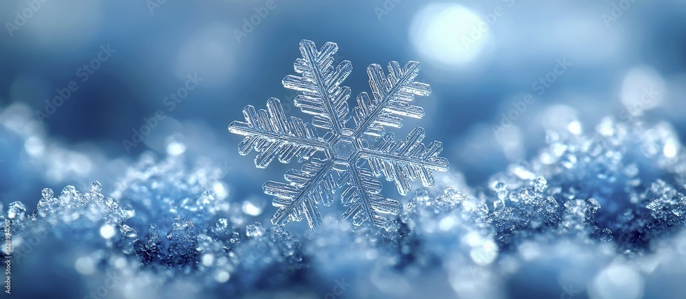 Close-up of a detailed snowflake with a blue and icy background, AI generated Close-up of a detailed snowflake with a blue and icy background, AI generated