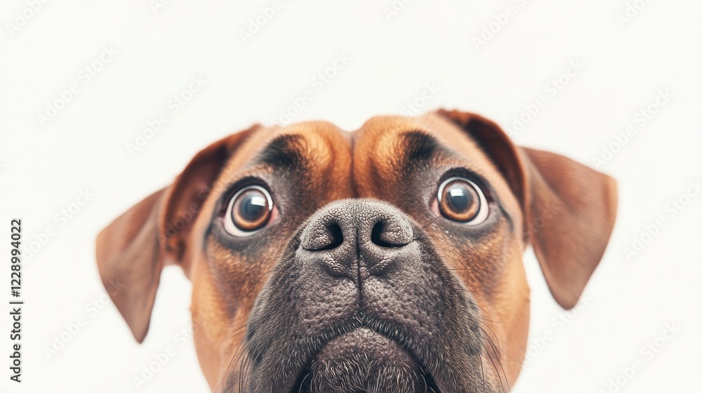 Obraz premium Close-up of a curious brown Boxer dog's face against a white background.