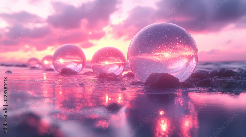 Crystal balls reflecting sunset on beach. Crystal balls reflecting sunset on beach.