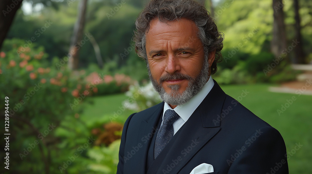 Mature Man Elegant Suit Portrait Outdoors Green Background day male hair gray park well style model Mature Man Elegant Suit Portrait Outdoors Green Background day male hair gray park well style model