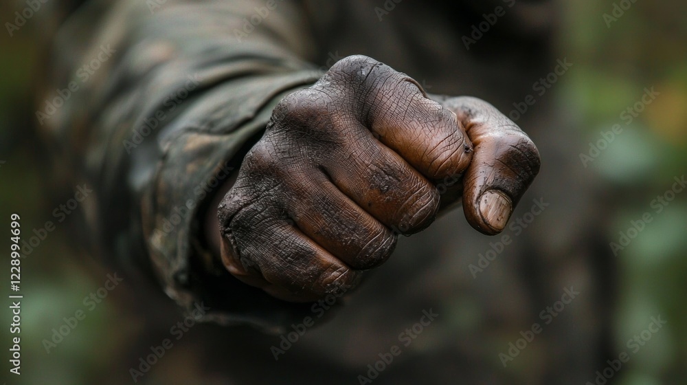 Fists are tightly clenched, showcasing raw emotion and intensity. The rich, textured skin tells a story of hard work and struggle, captured in an evocative, intimate moment of resolve Fists are tightly clenched, showcasing raw emotion and intensity. The rich, textured skin tells a story of hard work and struggle, captured in an evocative, intimate moment of resolve