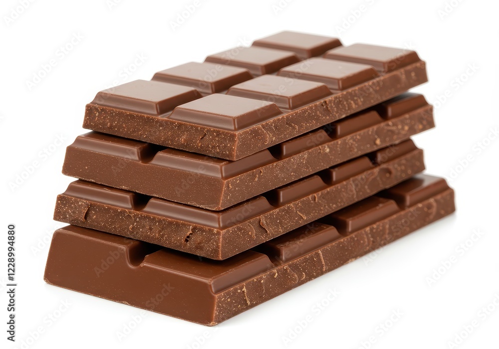 A stack of rich milk chocolate bars with a smooth surface and visible break lines isolated on a white background A stack of rich milk chocolate bars with a smooth surface and visible break lines isolated on a white background