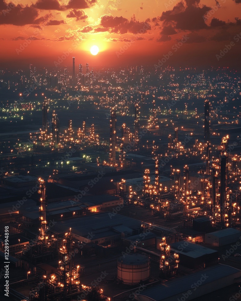 Fototapeta premium Sunset over Industrial Complex: A Panorama of Night Lights and Refinery Towers.