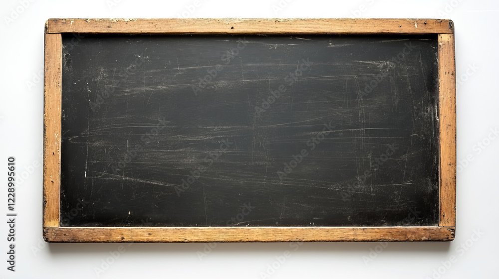 Fototapeta premium Wooden-framed vintage chalkboard with blank black surface, displaying distinctive scratches, ideal for use as a writing space or decorative presentation backdrop.