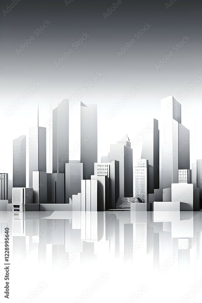 Fototapeta premium Modern city skyline using clean lines and geometric forms, with rectangular buildings and smooth, curved roads in a monochromatic color palette of grey, black, and white, AI generated