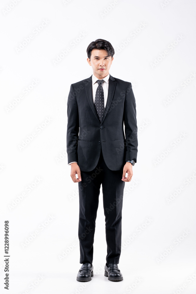 A man in a black suit and tie stands in front of a white background A man in a black suit and tie stands in front of a white background