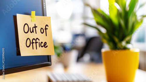 A sticky note with Out of Office on a computer monitor with a plant nearby, illustrating an absence notice in an office or workspace. photo