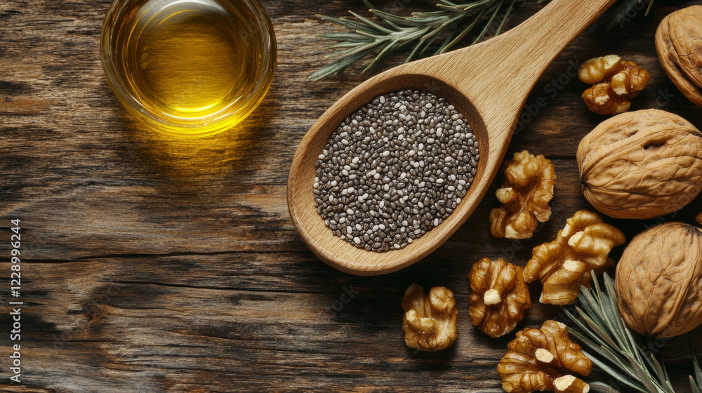 Chia seeds in wooden spoon with walnuts and oil on rustic table. This healthy arrangement showcases natural ingredients perfect for cooking or nutrition Chia seeds in wooden spoon with walnuts and oil on rustic table. This healthy arrangement showcases natural ingredients perfect for cooking or nutrition