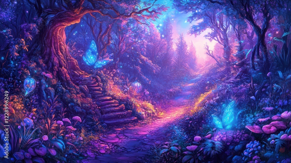 Enchanting fantasy forest path with glowing flora, stone steps, and butterflies. Enchanting fantasy forest path with glowing flora, stone steps, and butterflies.