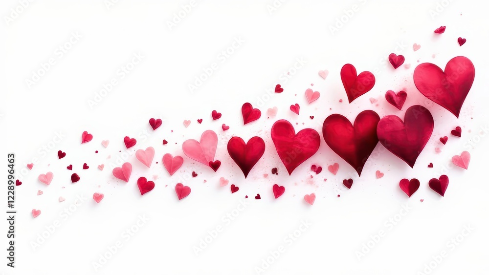 Delicate heart fragments drift on white background, transforming from bold red to soft pink. Generative AI Delicate heart fragments drift on white background, transforming from bold red to soft pink. Generative AI