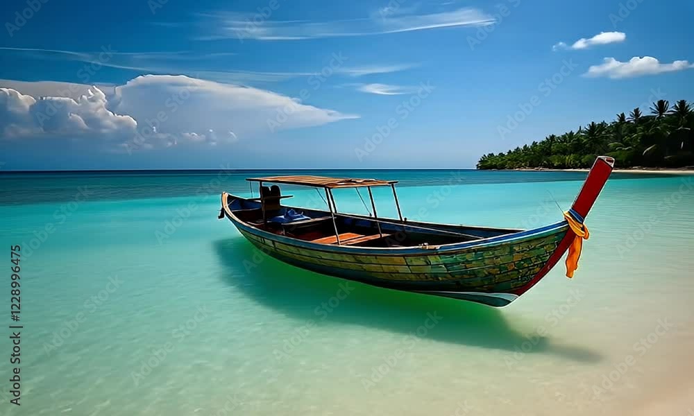 Tropical longtail boat on calm beach, island background, travel poster Tropical longtail boat on calm beach, island background, travel poster