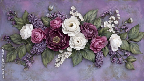 Elegant arrangement of sculpted roses and lilac blossoms on a textured purple background.