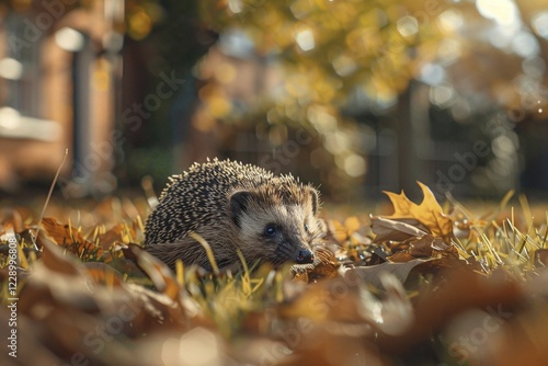 Single hedgehog in garden with autumn leaves. Generative Ai, AI generated photo