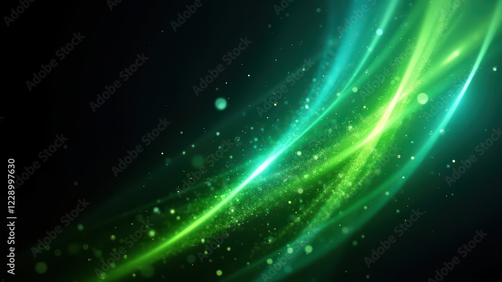 Obraz premium abstract background of flowing green and blue light, with glowing orbs and sparkling dust particles on a black backdrop - Generative AI.