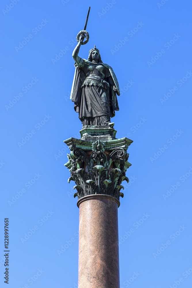 Fototapeta premium Figure of the Megalopolis on the Victory Column, memorial to the Mecklenburgers who remained in the war in 1870/71, Schwerin, Mecklenburg-Vorpommern, Germany, Europe