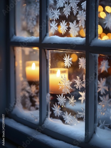 Snow-covered window with frost patterns, candlelight softly glowing through the glass, and warm, blurry Christmas lights in the background, AI generated