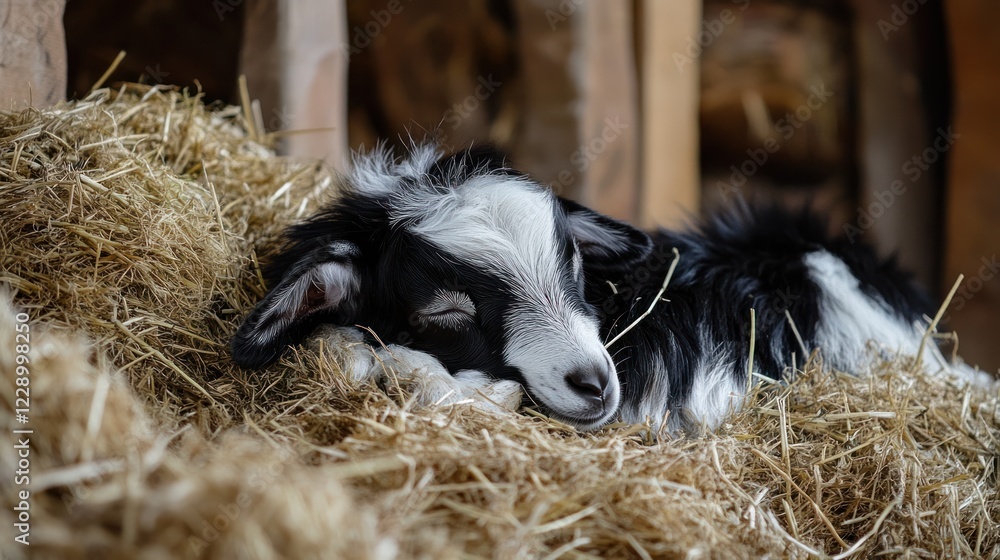 Adorable newborn black and white goat kid sleeping peacefully in a pile of hay. Adorable newborn black and white goat kid sleeping peacefully in a pile of hay.