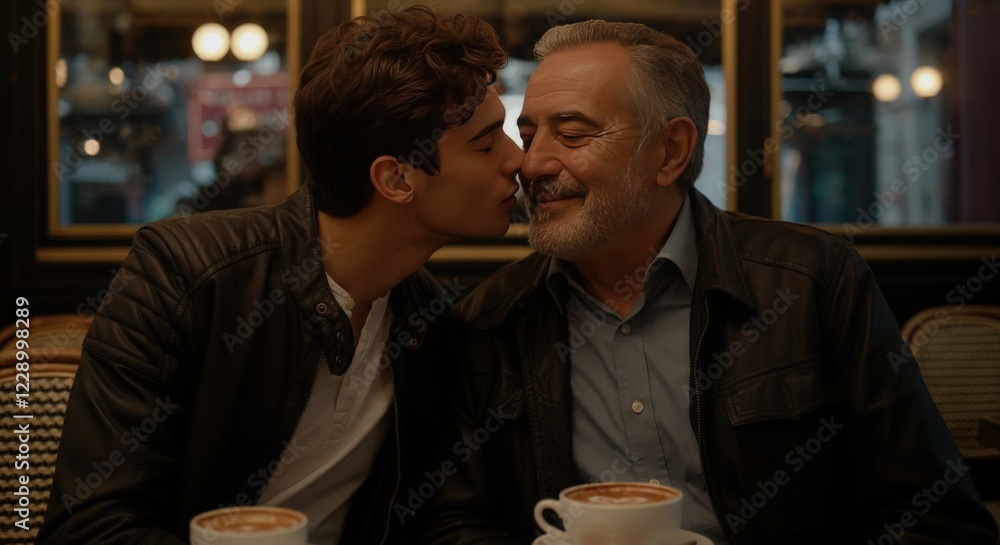Young adult caucasian male kissing mature elderly caucasian male in cozy café setting Young adult caucasian male kissing mature elderly caucasian male in cozy café setting