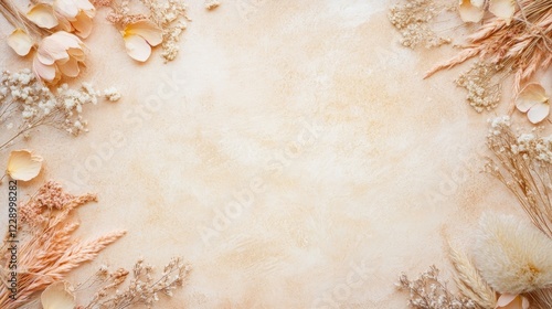Beige background with dried flowers and petals forming a frame.