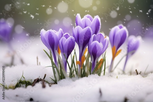 Violet crocus spring flowers in snow. KI generiert, generiert AI generated photo