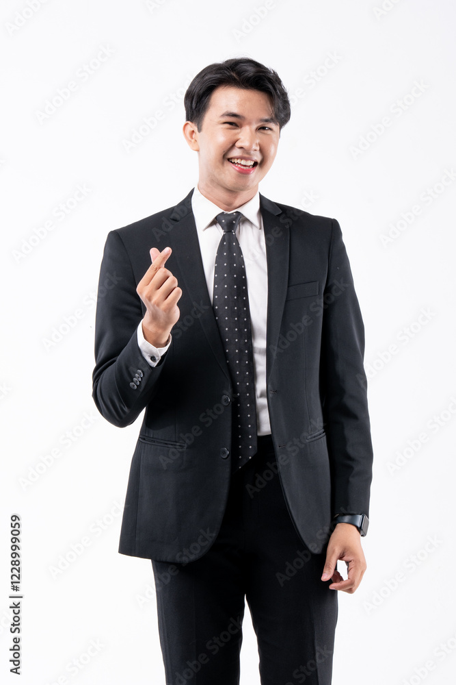 A man in a black suit and tie stands in front of a white background