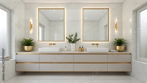 Minimalist bathroom featuring dual vanity sinks, gold faucets, sleek white surfaces, LED wall lights, framed mirrors, marble walls, and green plants, perfect for architecture, decor, and real estate
