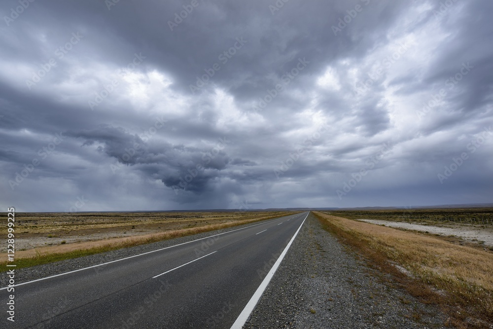 Fototapeta premium Road with thunderstorm mood by the pampa of Patagonia, near Rio Gallegos, Argentina, South America