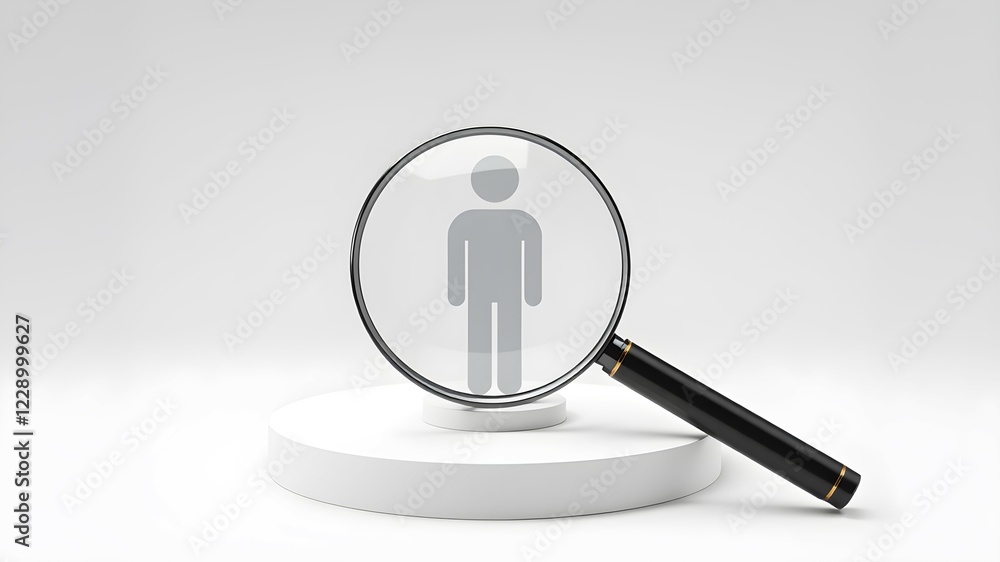 Magnifying glass on a white person icon atop a platform. Recruitment and employment background with copyspace Magnifying glass on a white person icon atop a platform. Recruitment and employment background with copyspace