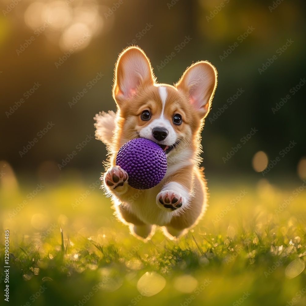 Adorable corgi puppy joyfully leaps through sunlit grass, clutching a purple ball. Adorable corgi puppy joyfully leaps through sunlit grass, clutching a purple ball.