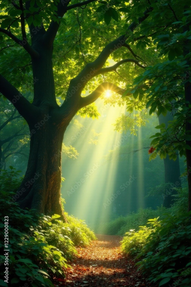 Obraz premium Sunlight pierces through gap in leafy ceiling, banyan tree, scenery