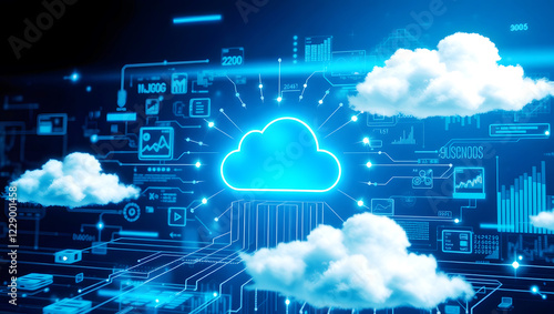 Digital cloud computing concept with futuristic technology interface, symbolizing big data, online storage, and global connectivity in IT. photo