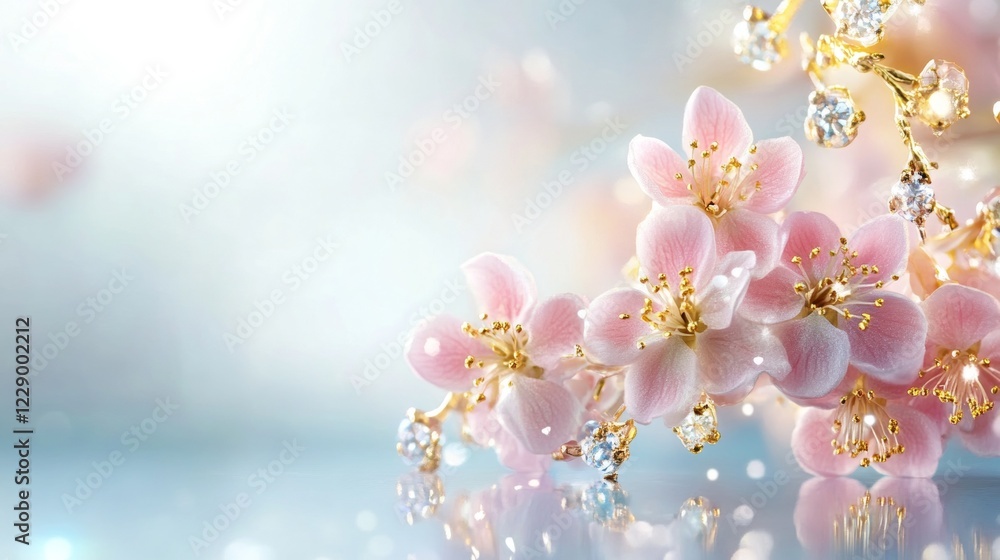 Fototapeta premium Delicate Pink Flowers with Sparkling Gold Jewelry