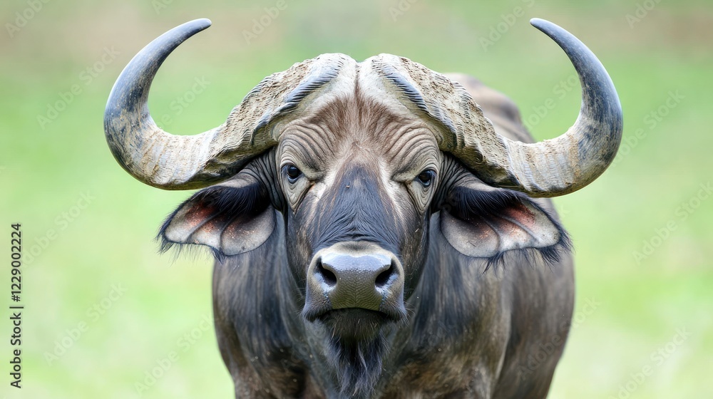 Close-up of majestic buffalo in lush green field Close-up of majestic buffalo in lush green field