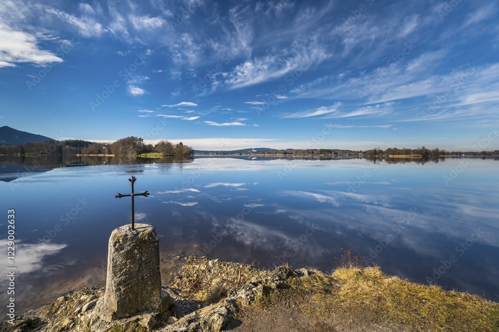 Memorial stone with cross at Staffelsee, Seehausen, Upper Bavaria, Bavaria, Germany, Europe Memorial stone with cross at Staffelsee, Seehausen, Upper Bavaria, Bavaria, Germany, Europe