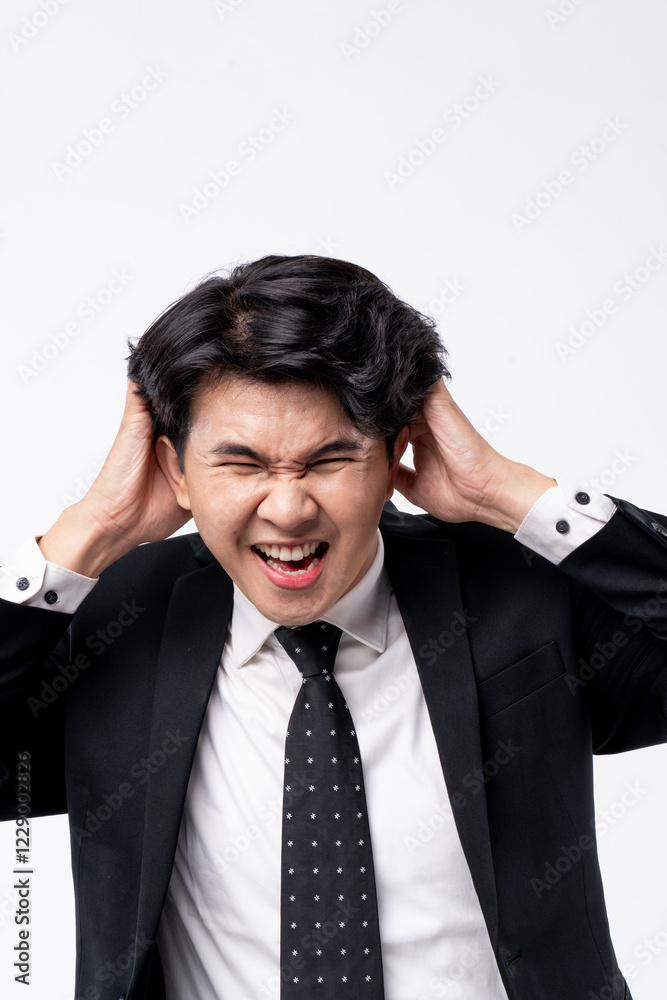 A man in a suit is screaming and has his hands on his head A man in a suit is screaming and has his hands on his head