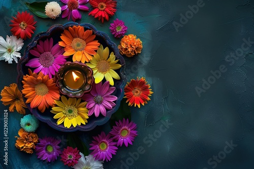 Happy diwali rule of third background - Colorful Clay diya rule of third lit with flower during Deepavali festival on black background, top down view photo