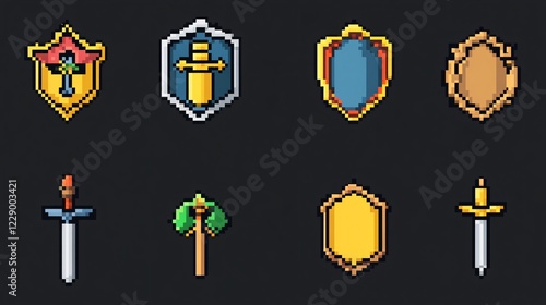 Flat Vector 8-Bit Pixel Art Shield Icons Set