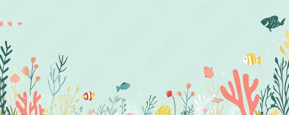 Naklejka premium Pastel underwater scene with coral, seaweed, and fish.