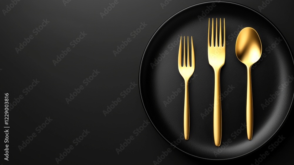 Elegant dining setup with gold cutlery on black plate modern restaurant food photography gourmet close-up luxury dining experience Elegant dining setup with gold cutlery on black plate modern restaurant food photography gourmet close-up luxury dining experience
