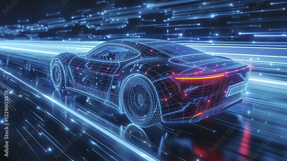 Conceptual representation of the digital world in abstract beauty. A futuristic car drives along a digital road. AI generated, AI generated, AI generated, AI generated Conceptual representation of the digital world in abstract beauty. A futuristic car drives along a digital road. AI generated, AI generated, AI generated, AI generated