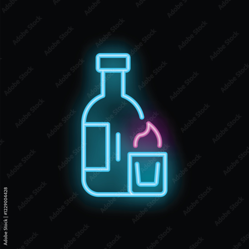 Neon sign of a bottle pouring a shot glass of alcohol, perfect for themes of nightlife or alcoholism Neon sign of a bottle pouring a shot glass of alcohol, perfect for themes of nightlife or alcoholism