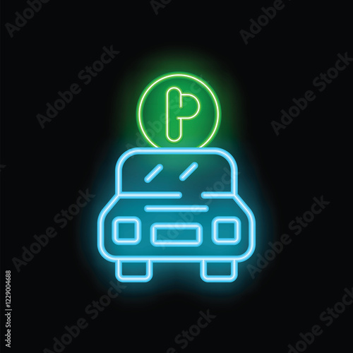 Neon icon of car parked in parking lot glowing with blue and green neon light