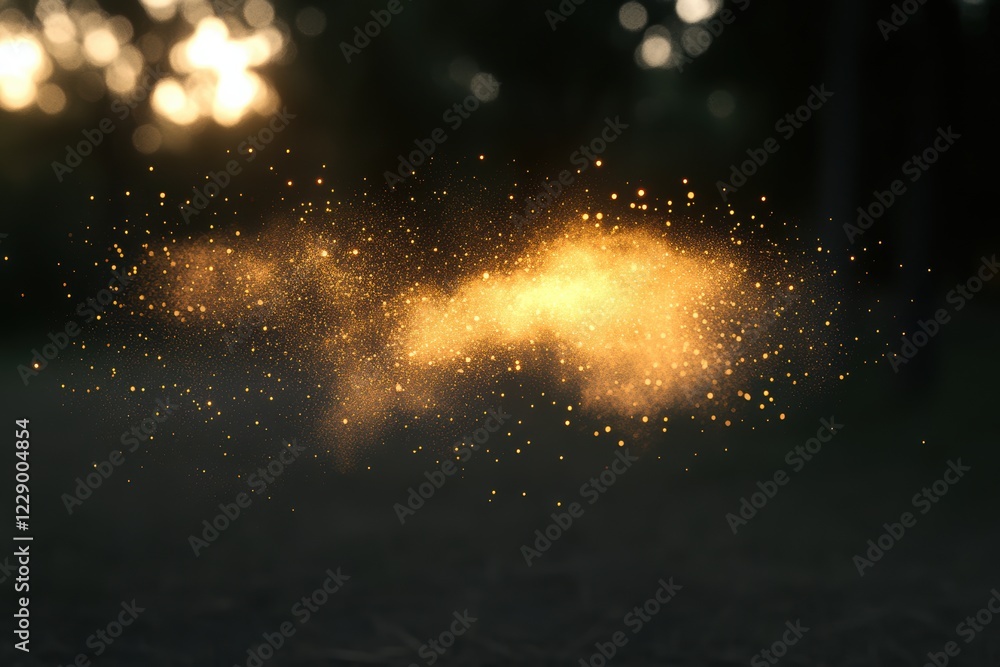 Obraz premium A glowing cloud of golden dust floats in the air, illuminated by soft light, creating a magical and ethereal atmosphere.